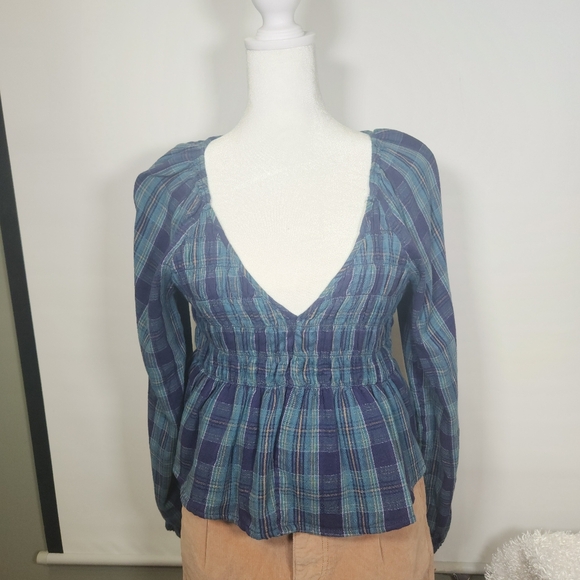 American Eagle Outfitters Blue Green Ruched Short Sleeve Blouse Size L - Picture 1 of 7